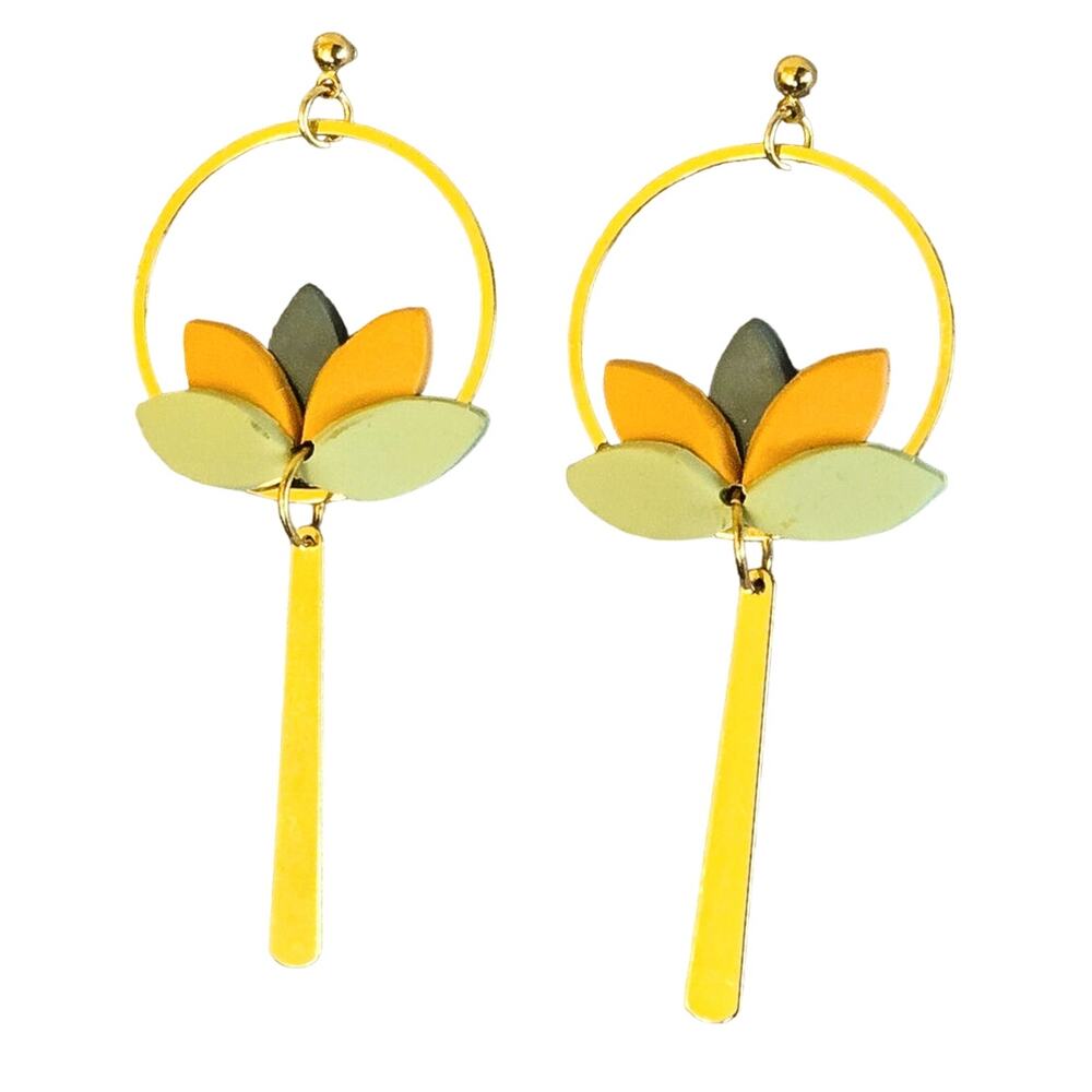 GOLD LOTUS HOOP EARRINGS DANGLE - Picture 2 of 3